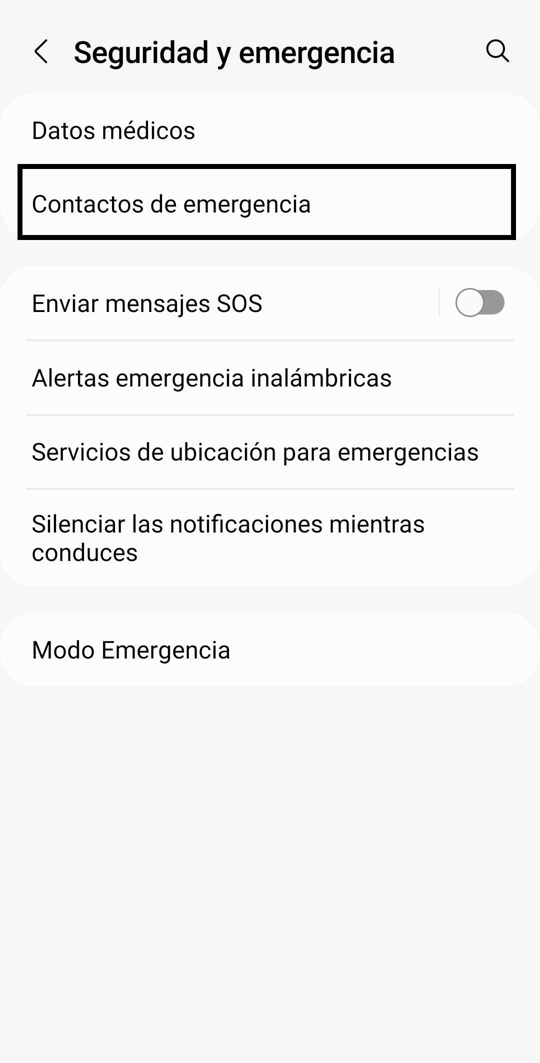 contactos de emergencia en movil Samsung